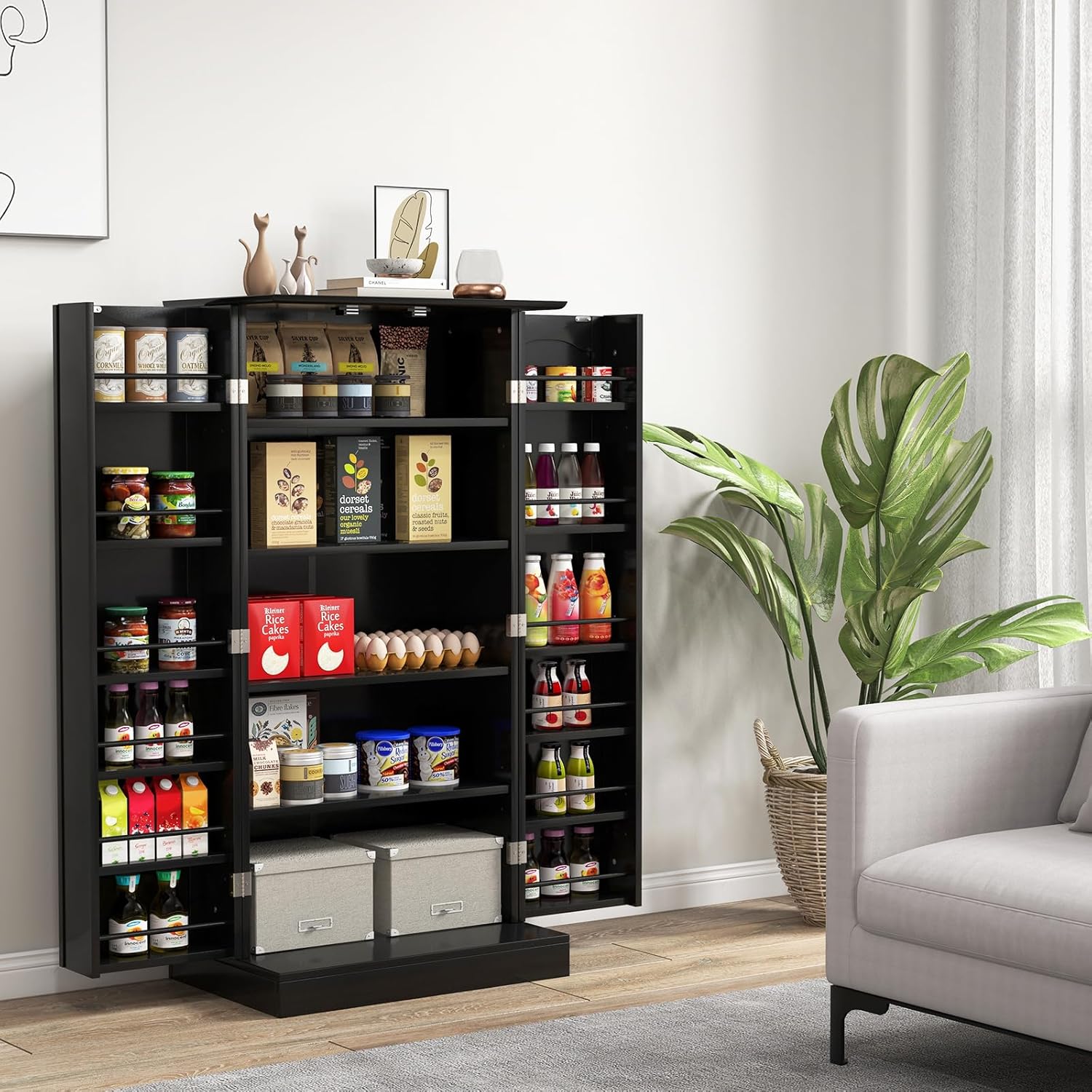 KOMFOTTEU Vorratsschrank mit Doppeltür, Aufbewahrungsschrank mit verstellbaren Einlegeböden, Mehrzweckschrank Süßigkeitenschrank, Küchenanrichte für Esszimmer, 60x40x120 cm (Schwarz)