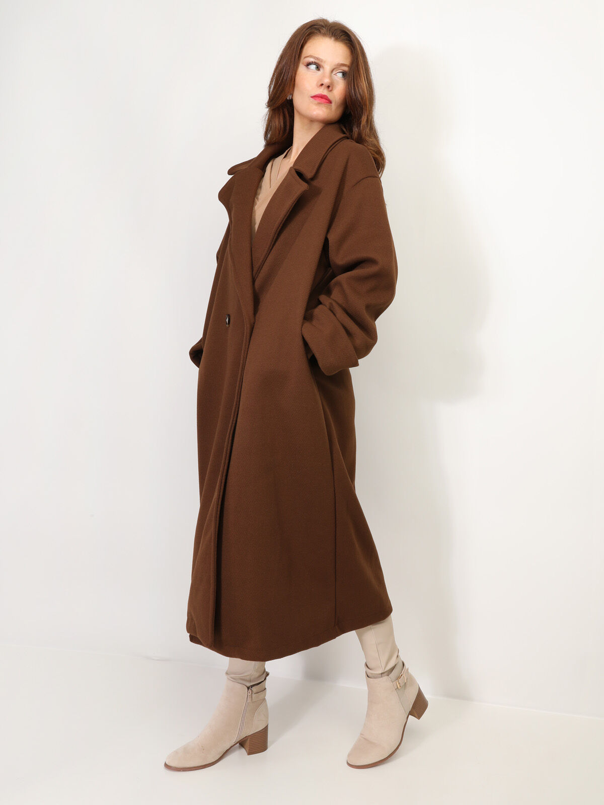 Manteau oversize en maille texturée- Marron