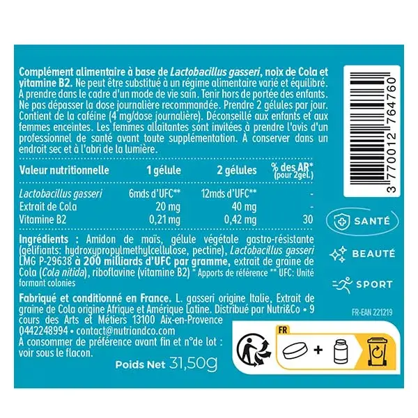 Nutri&Co Lactobacillus Gasseri Probiotique Minceur Ventre Plat 60 gélules