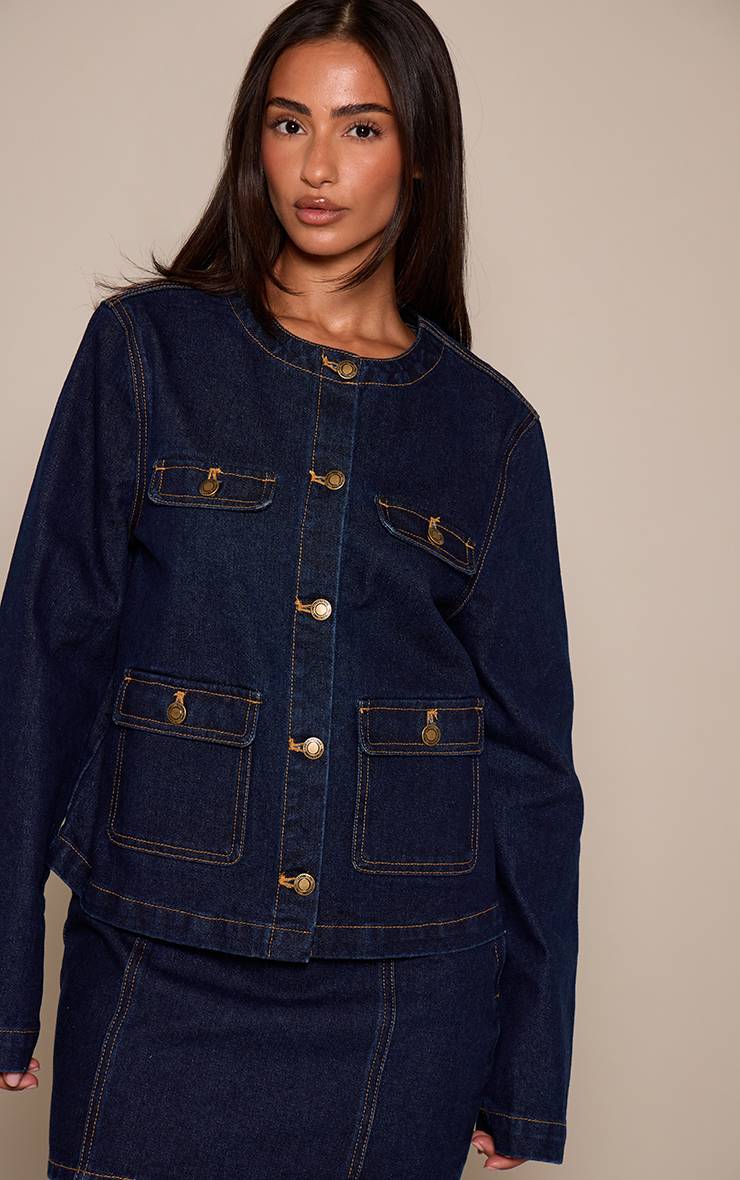 Bleu Indigo Veste En Jean Sans Col Avec Détails De Poches Pour Petite Taille