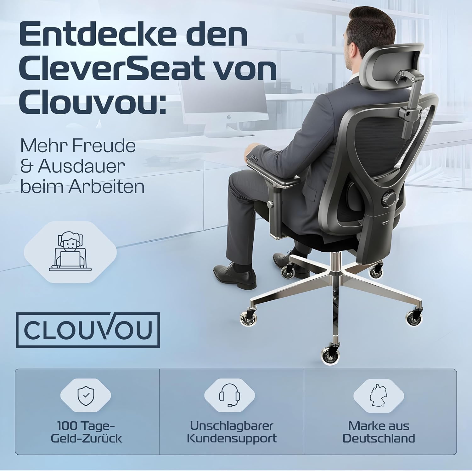 CleverSeat Bürostuhl Ergonomisch [TESTSIEGER] Schreibtischstuhl 100% individuell einstellbar | Büro Stuhl & Gaming Stuhl | Computerstuhl Home Office Chair Ergonomic | Drehstuhl 150 kg