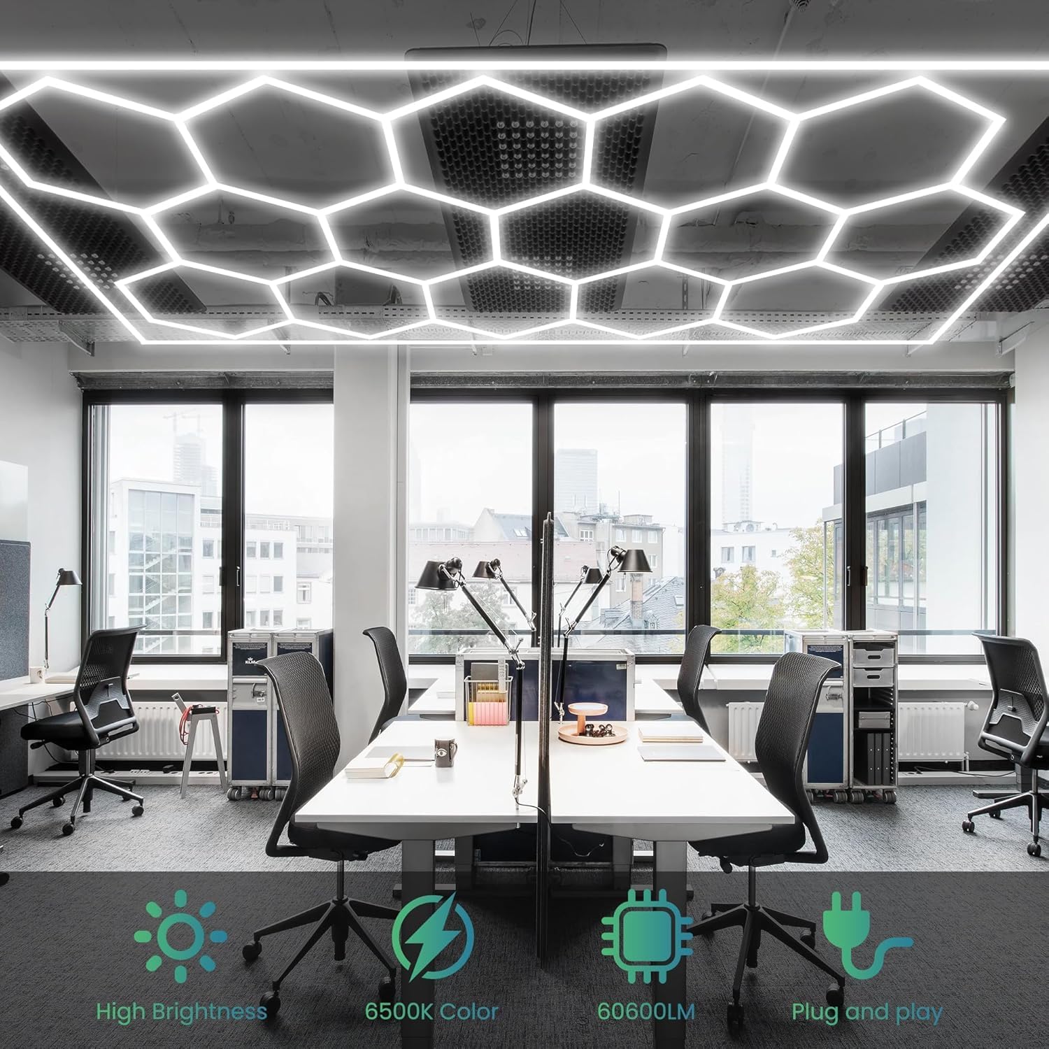 Hexagon LED Garagenlicht, 200W 6500K 86400LM 25Pack 14 Gittersysteme mit Border Garage Wabenlicht Decke LED für Gym Keller Lager Detaillierung Werkstatt Beleuchtung (Hexagon-14-Rahmen)