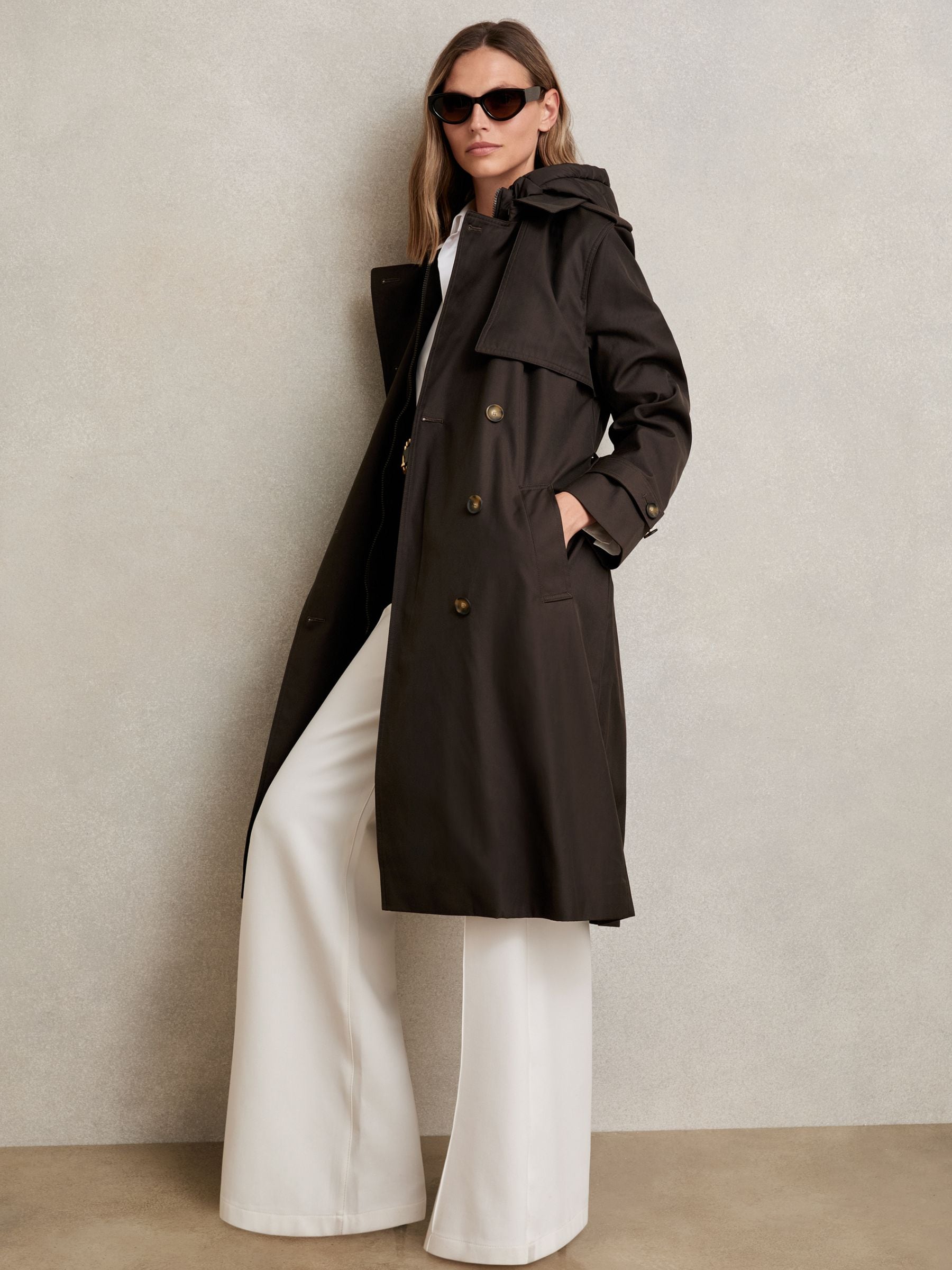 Chocoladebruin - Reiss trenchcoat Double breasted Met capuchon