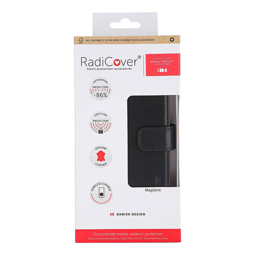 RadiCover iPhone 15 Pro Wallet Case 2i1 Anti-stråling Læder MagS Sort - 1 stk.