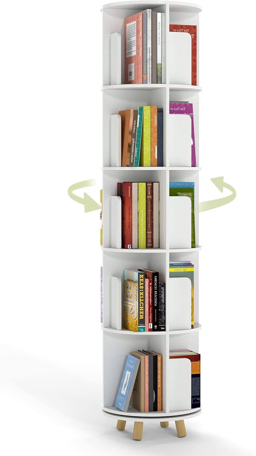Drehbares Bücherregal Schmal, Bücherschrank mit 16 offene Lagerfächer, Bücherturm Freistehend mit Mit Schutzbrett, Rotating Bookshelf, Kücheneckregal, Kassettenregal zum Studium, Wohnzimmer