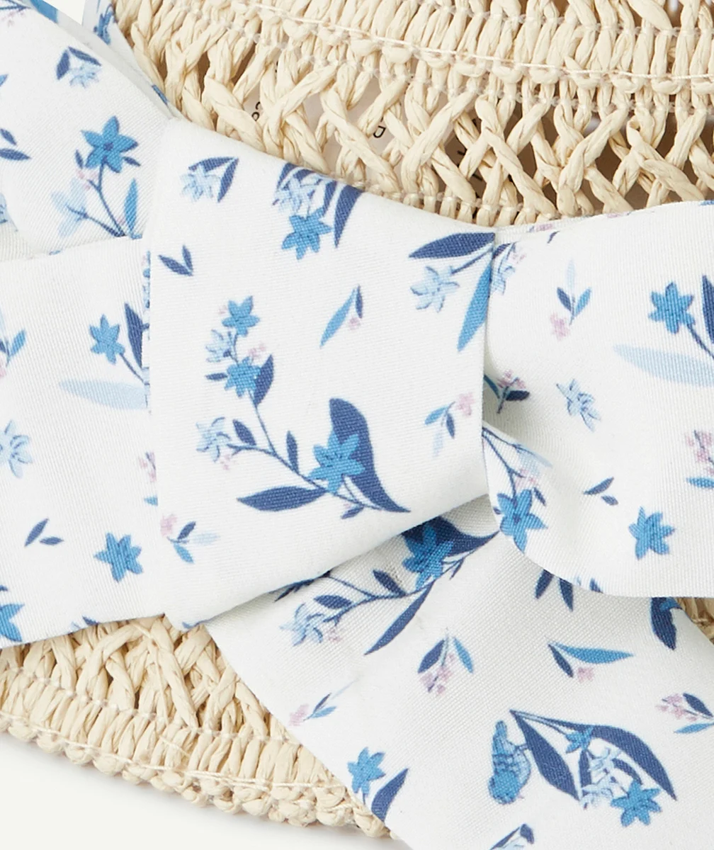 CHAPEAU DE PAILLE FILLE AVEC BANDE DE TISSU BLANC FLEURI