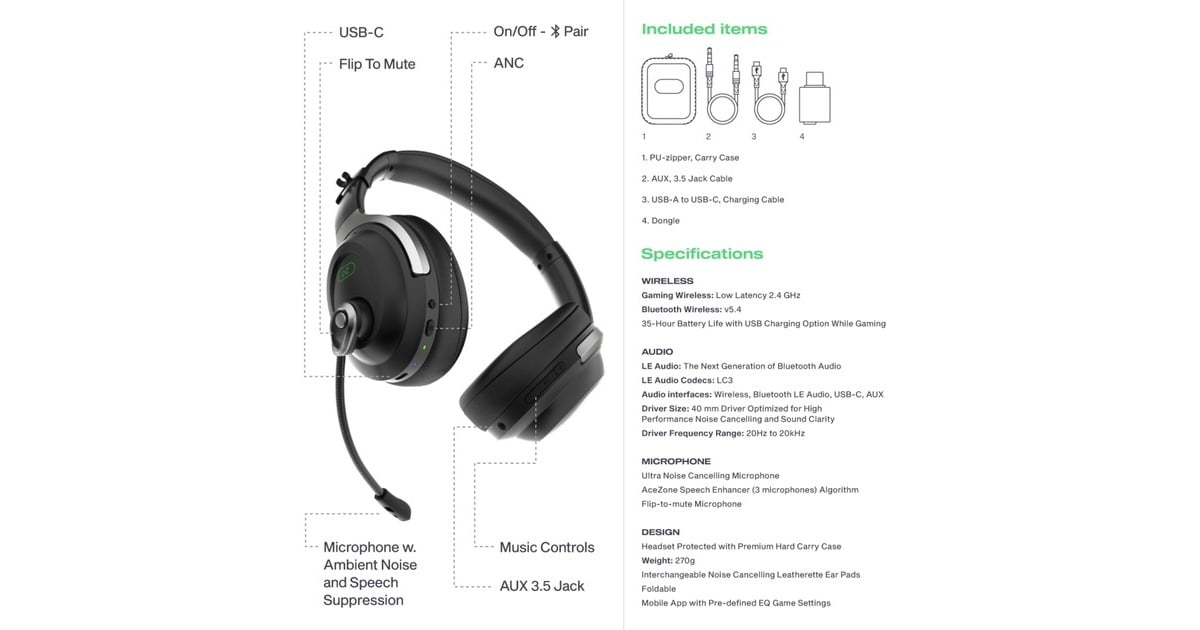 AceZoneA-Spire Wireless Hybrid ANC  over-ear gaming headset  (Zwart/groen, PC, PS4, PS5, Xbox Series X|S, Switch, Mobile)