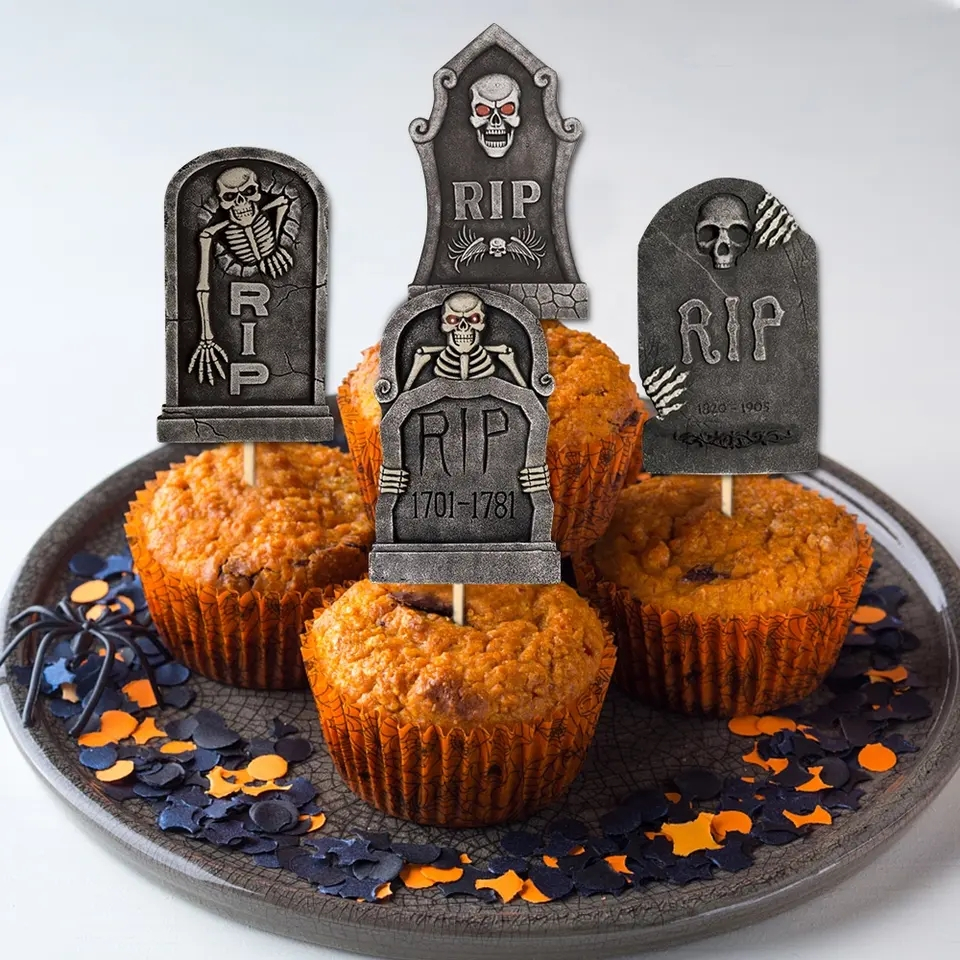(8-tlg. Set) Halloween Kuchenstecker Grusel Tortenstecker Party Deko Topper für Torten / Kuchen - Grabstein