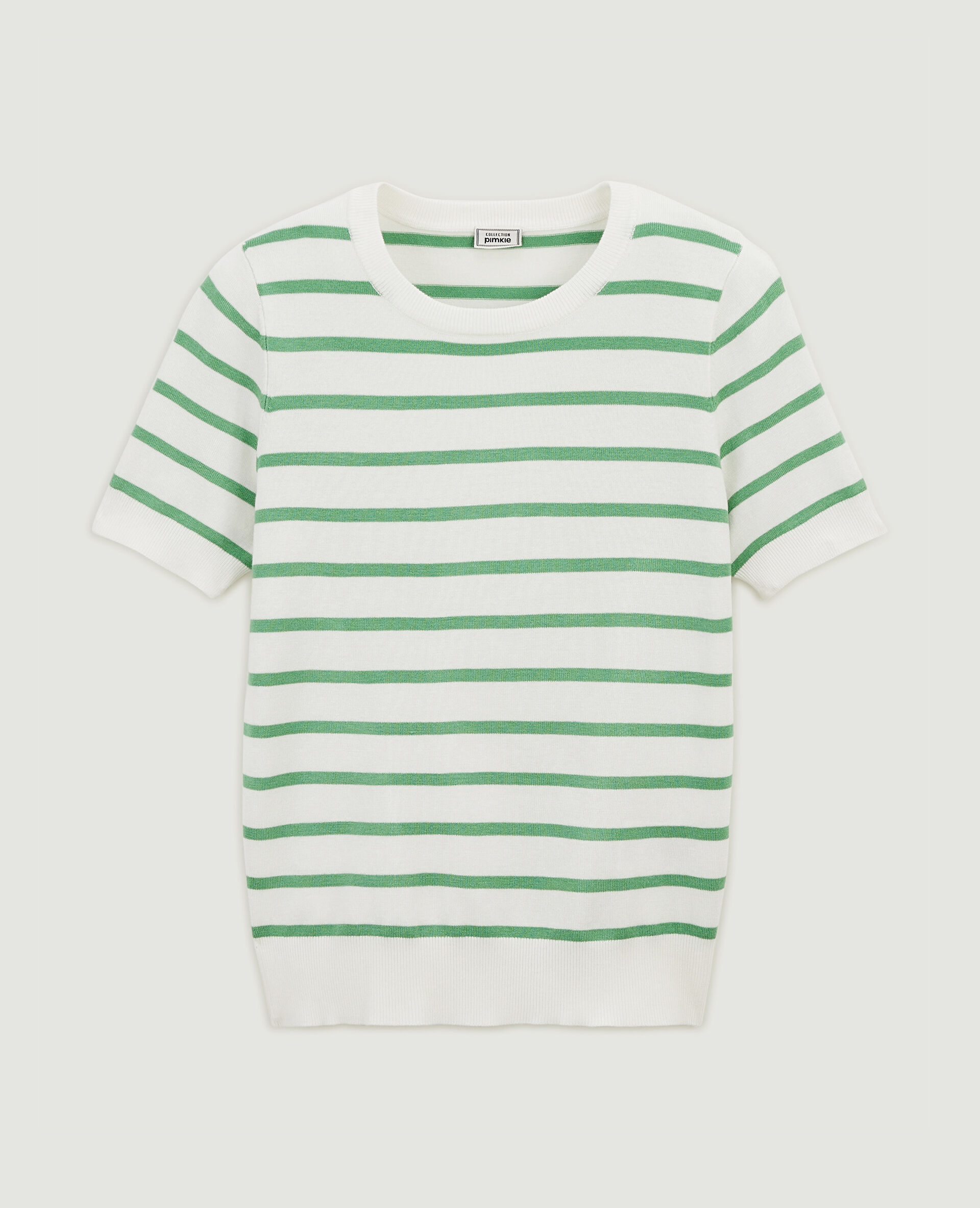 Pull manches courtes rayé en maille fine - Vert olive