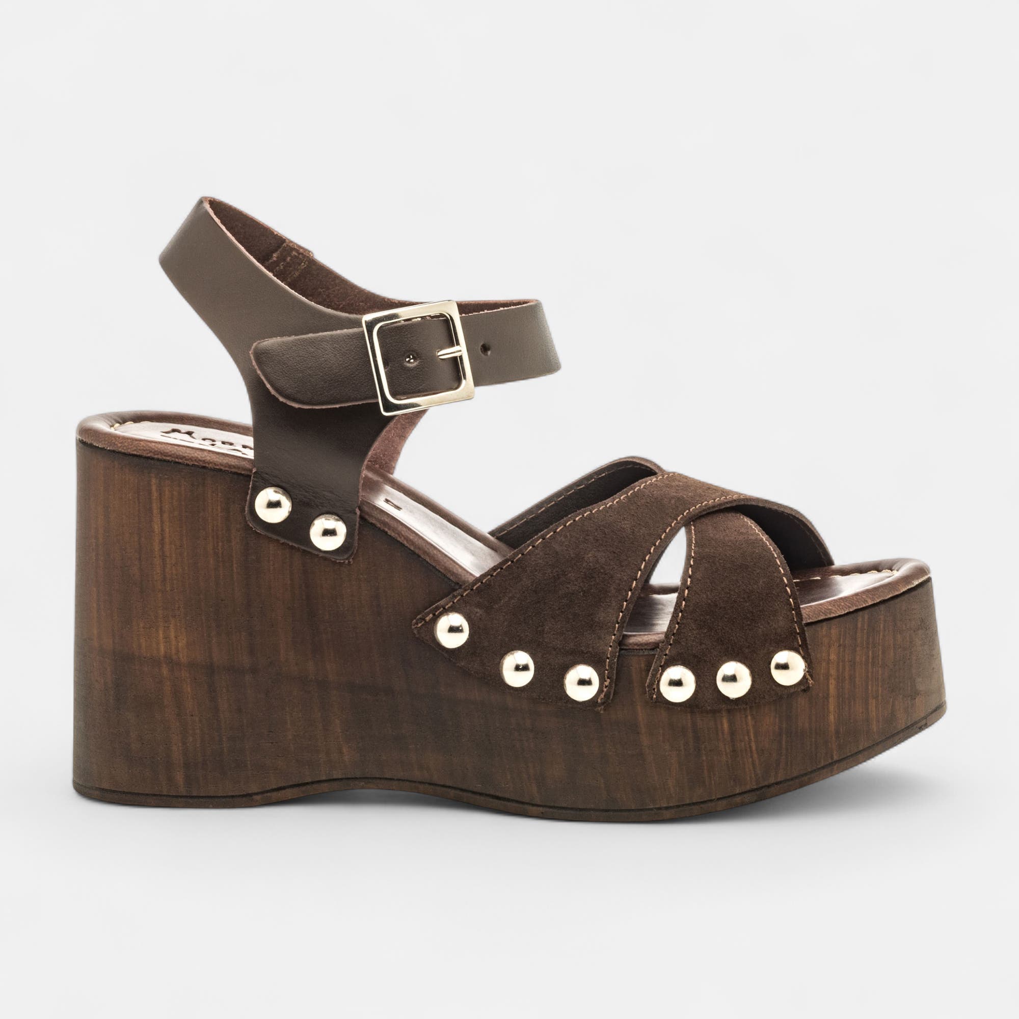 Chaussures semelle bois à talon compensé Femme en cuir marron
