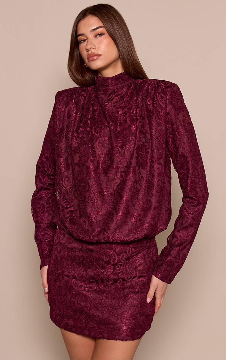 Rouge Vin Mini-jupe Taille Mi-haute Tissée Ensemble Coordonné