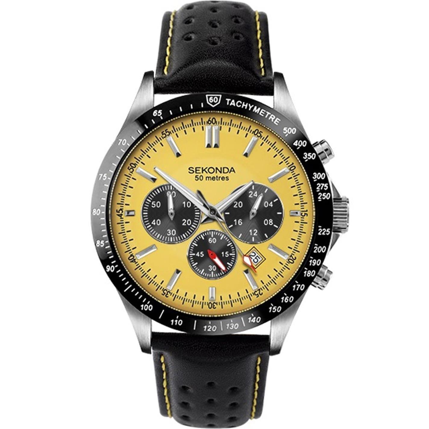 Sekonda Velocity 45mm Silver Watch Round Case Yellow Dial