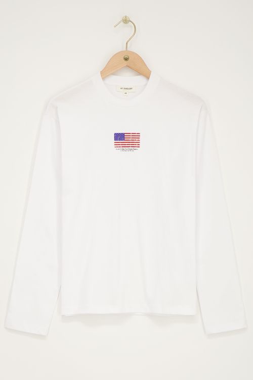 Witte longsleeve T-shirt met Amerikaanse vlag