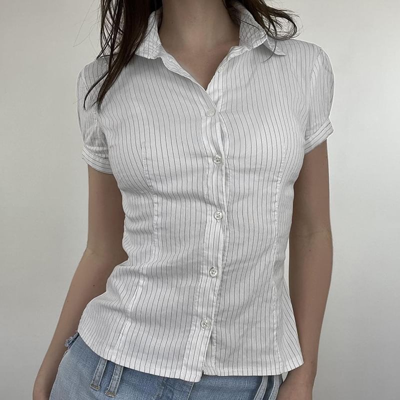 Honet - Gestreept slim-fit overhemd met korte mouwen