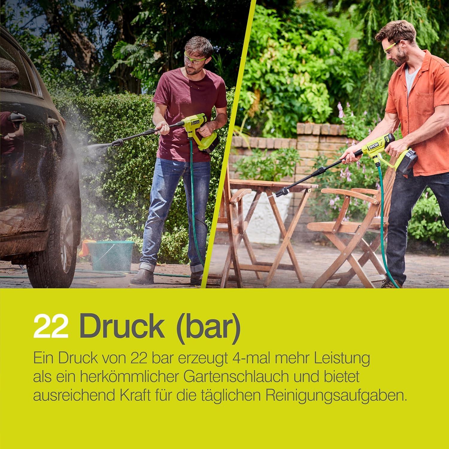 RYOBI 18 V ONE+ Akku-Mitteldruckreiniger RY18PW22A-125 (Reinigen von Fahrzeugen/Oberflächen, max. Druck 22bar, Fördermenge 182 l/h, 3-in-1 Düse, inkl. 6m Schlauch, 1x2,5Ah Akku & Ladegerät, im Karton)