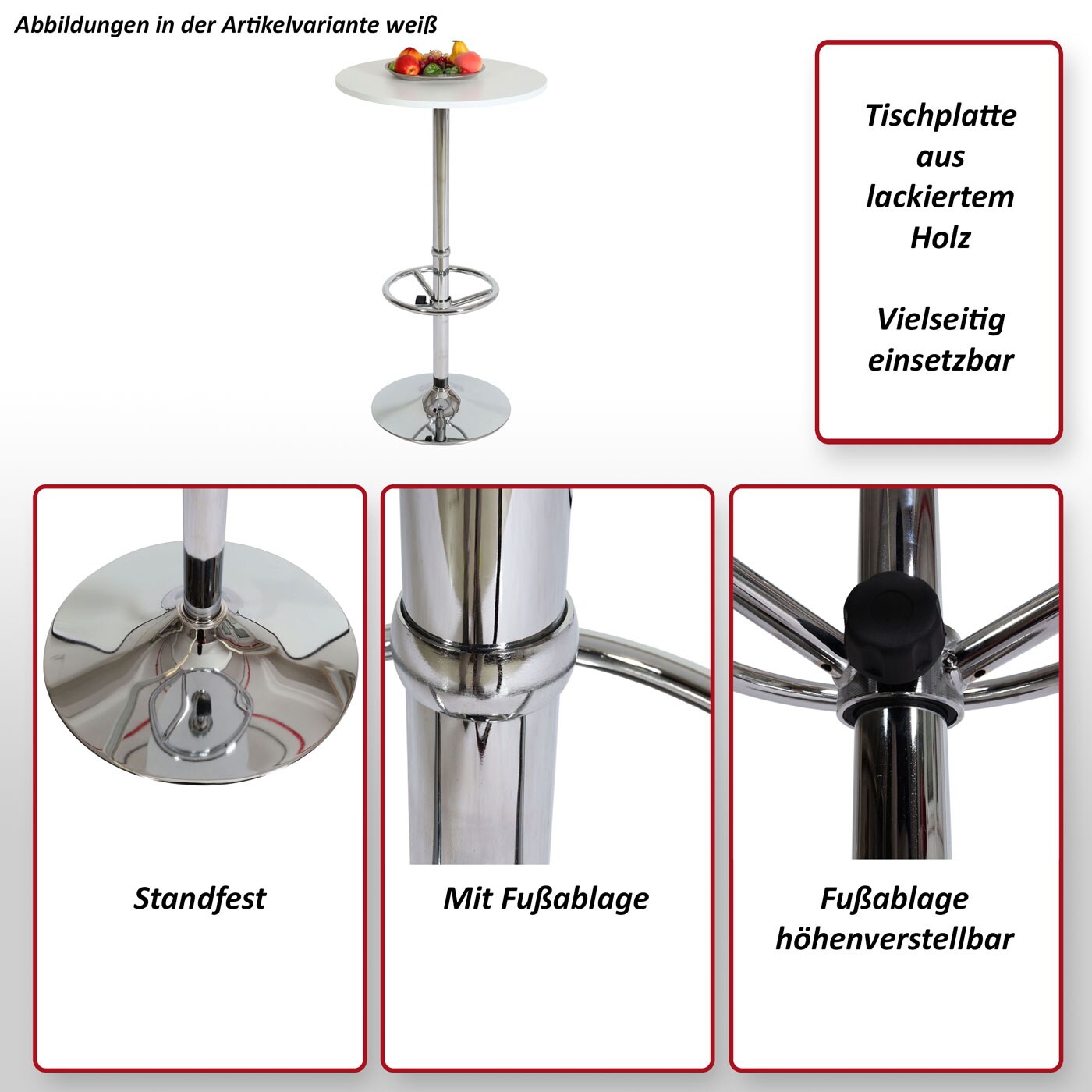 Stehtisch Bartisch Bistrotisch Empfangstisch Bari mit Fußablage ~ weiß