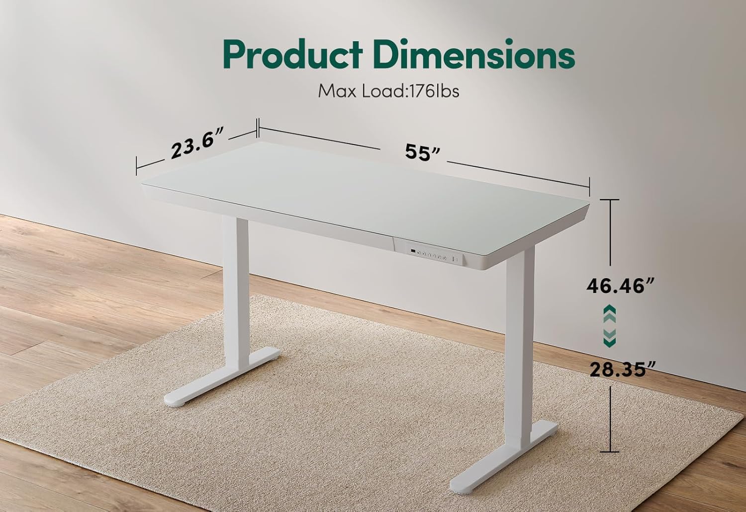 FEZIBO Elektrischer Stehschreibtisch mit Glasplatte, höhenverstellbar, 140 x 60 cm, Homeoffice-Tisch, mit USB-A- bis C-Ladeanschluss, Weißer Rahmen/Weiße Tischplatte