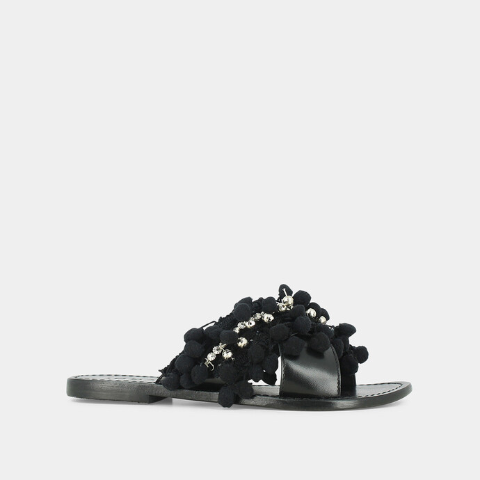 Mules à pompons et perles  en cuir et tissu noir