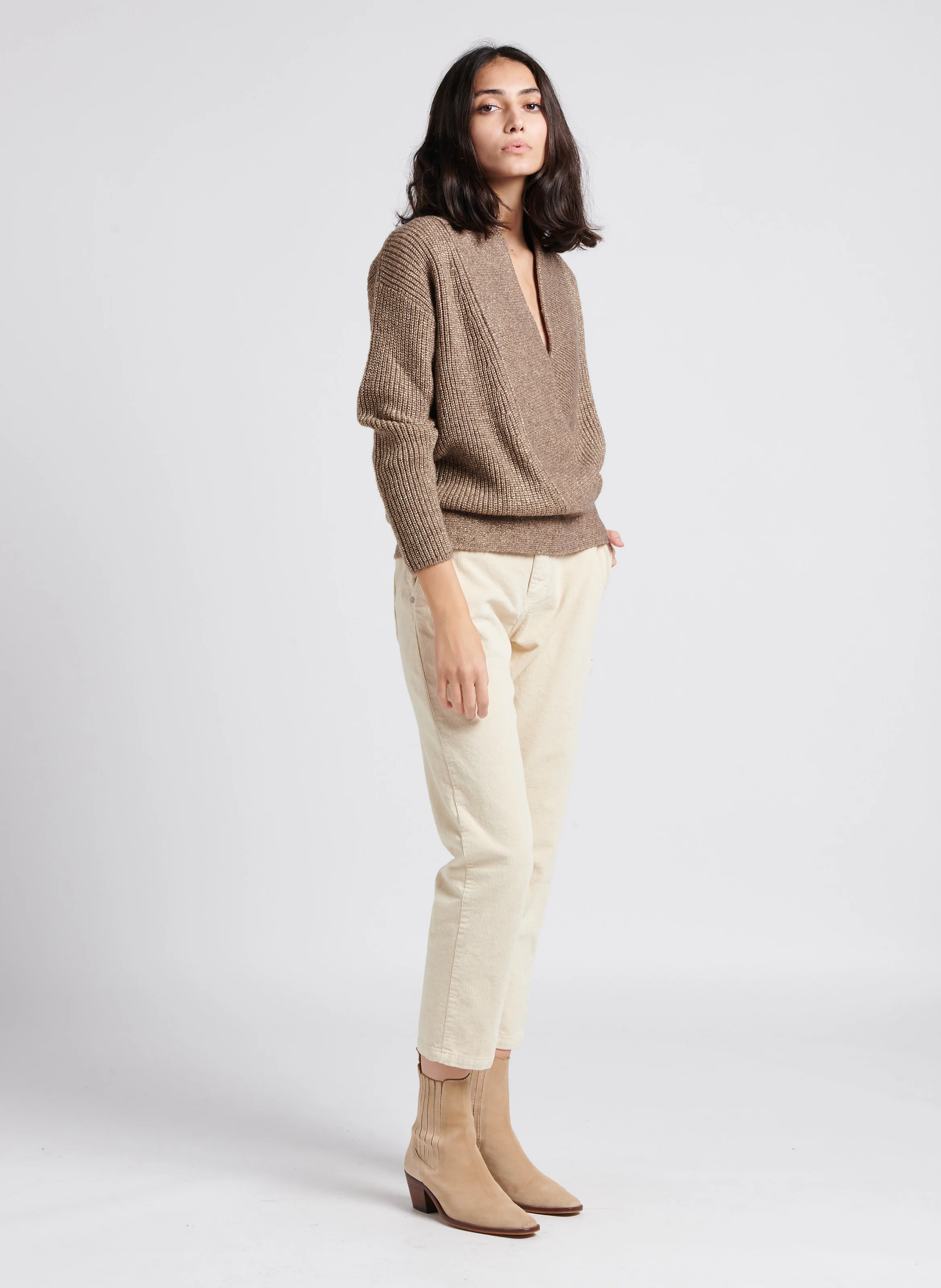 Pantalon style charpentier en coton velours | Beige