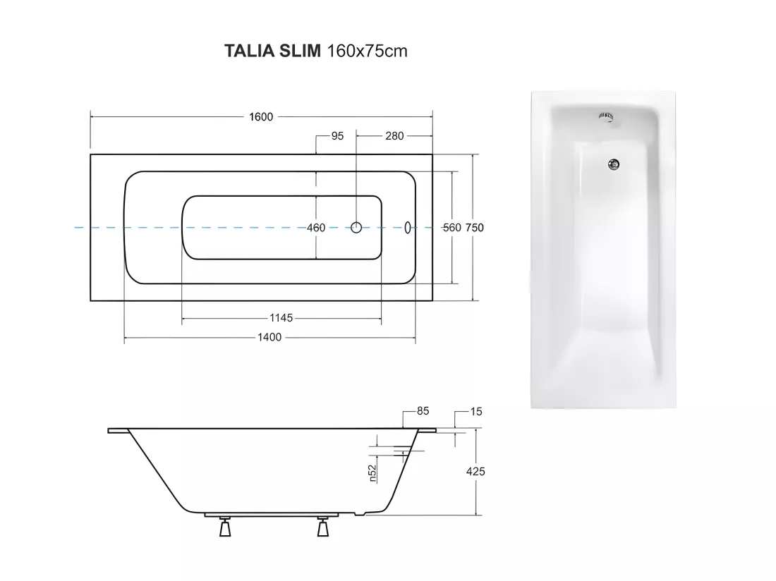 Baignoire rectangulaire blanche à encastrer + repose tête - 160 x 75 cm - TALIA SLIM