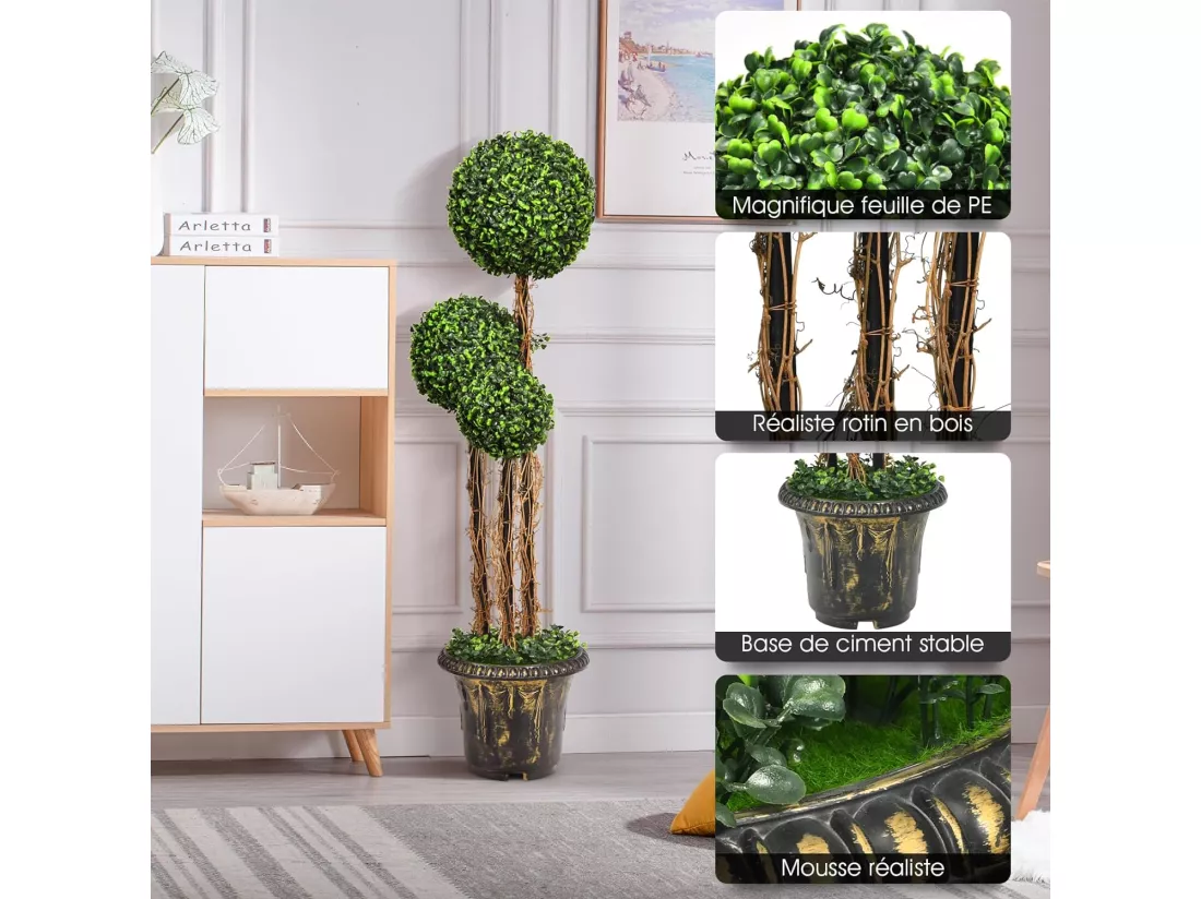 Arbre Artificiel Arbuste avec Feuilles à l'aspect Authentique 115 CM, Fausse Plante 3 Boules en Pot avec Rotin et fibre naturelle Véritable Résistance aux UV et l'eau Décoration pour Salon Balcon