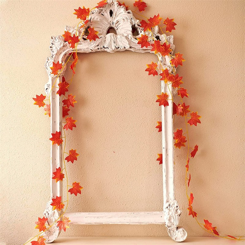 (12er Set) 2.3m Deko Kunst Ahorn Blätter Herbstlaub Girlande - Orange