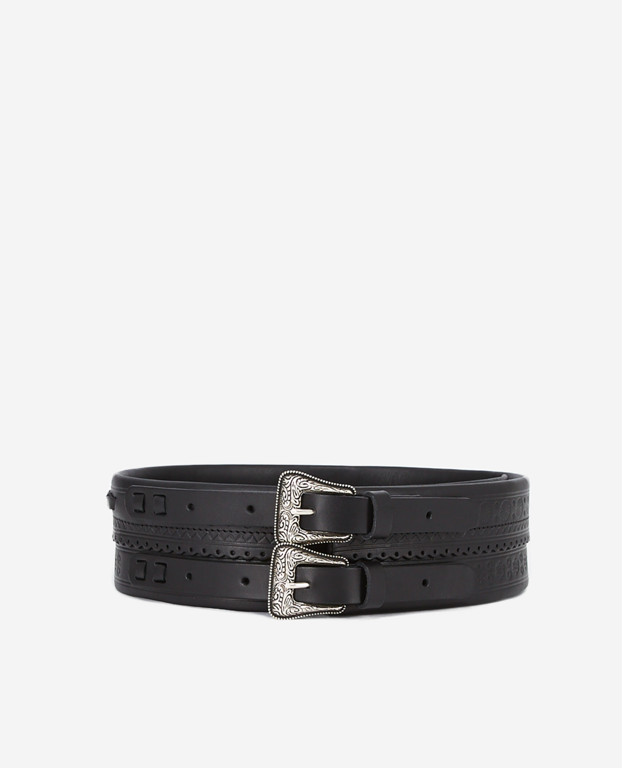 Ceinture noire large en cuir avec double boucle