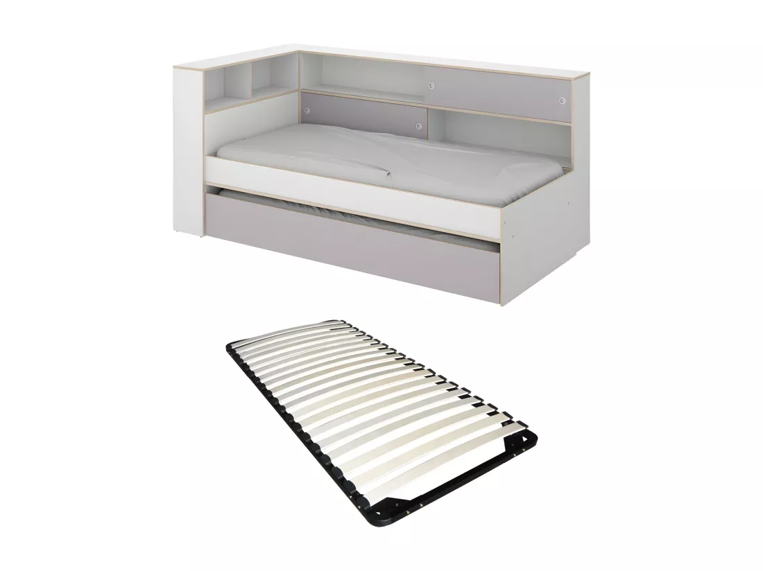 Lit gigogne avec rangements - 90 x 200 et 90 x 190 cm - Blanc et gris + Sommier - LOSIANA