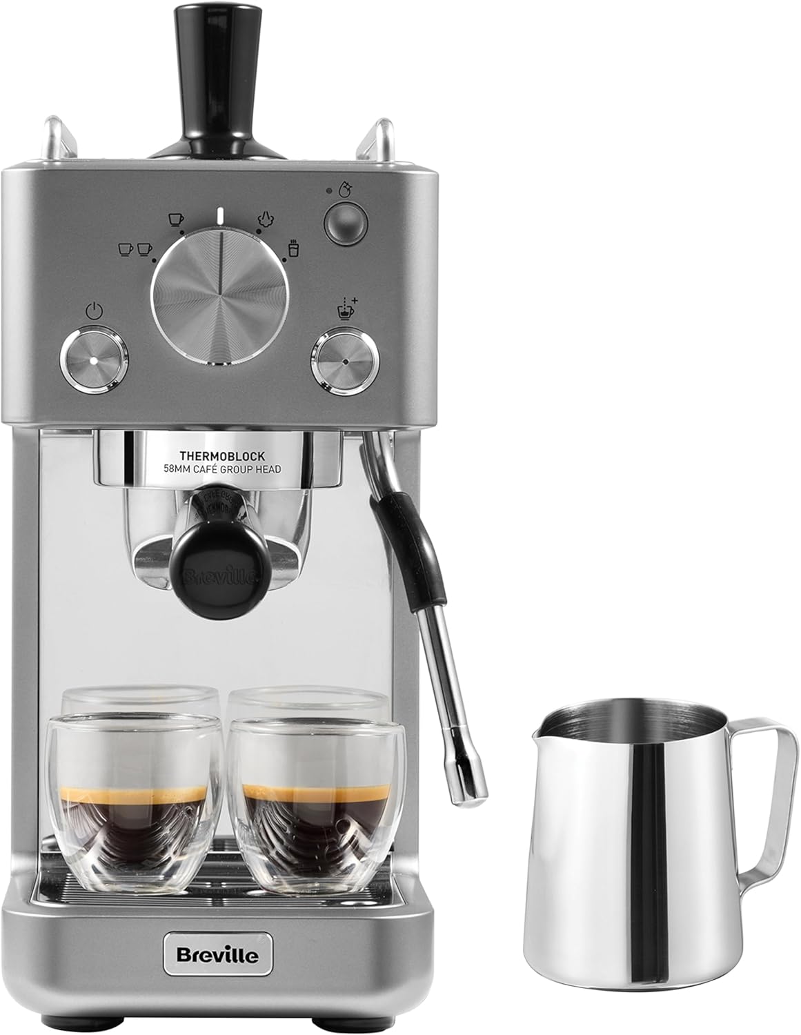 Breville Barista-Espressomaschine „Slimline | integrierter Milchaufschäumer | kompakte Kaffeemaschine für Cappuccinos, Lattes und mehr | 15-bar-Pumpe | Silber [VCF185X]