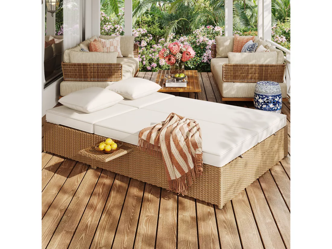 Salon de jardin pour 2 personnes - Canapé lounge en rotin PE avec 2 oreillers et pliable - Ensemble de chaises longues de jardin - Naturel