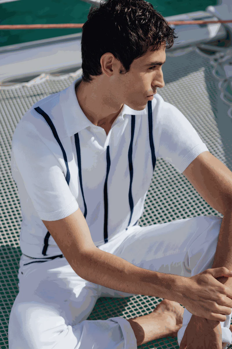 Polo nid d'abeille rayé blanc