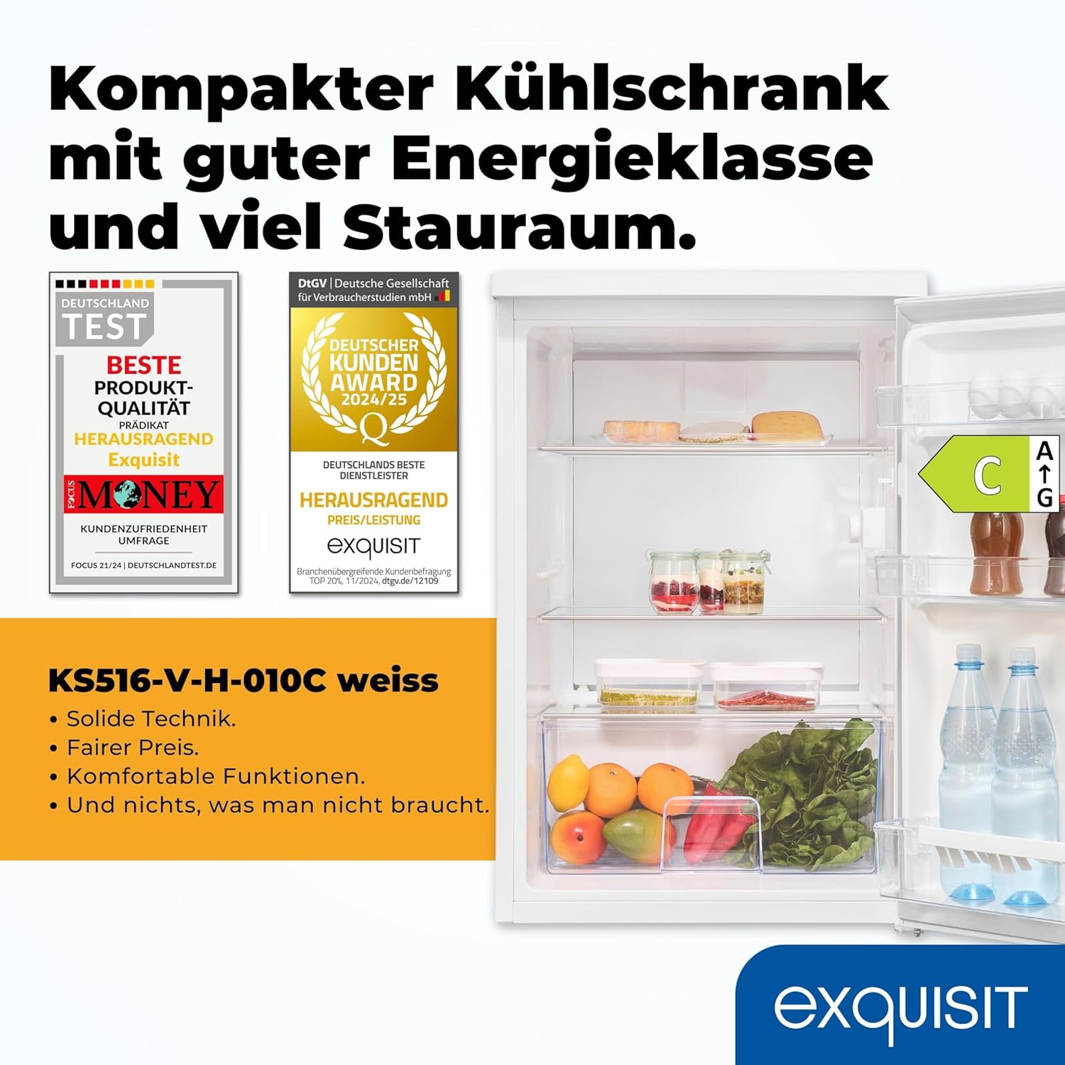 Exquisit Kühlschrank | 133 l Nutzinhalt, Energieklasse C, 37 dB(A) | kompakt, LED-Innenbeleuchtung, verstellbare Glasablagen, Gemüseschublade, manuelle Temperaturregelung | KS516-V-H-010C weiss