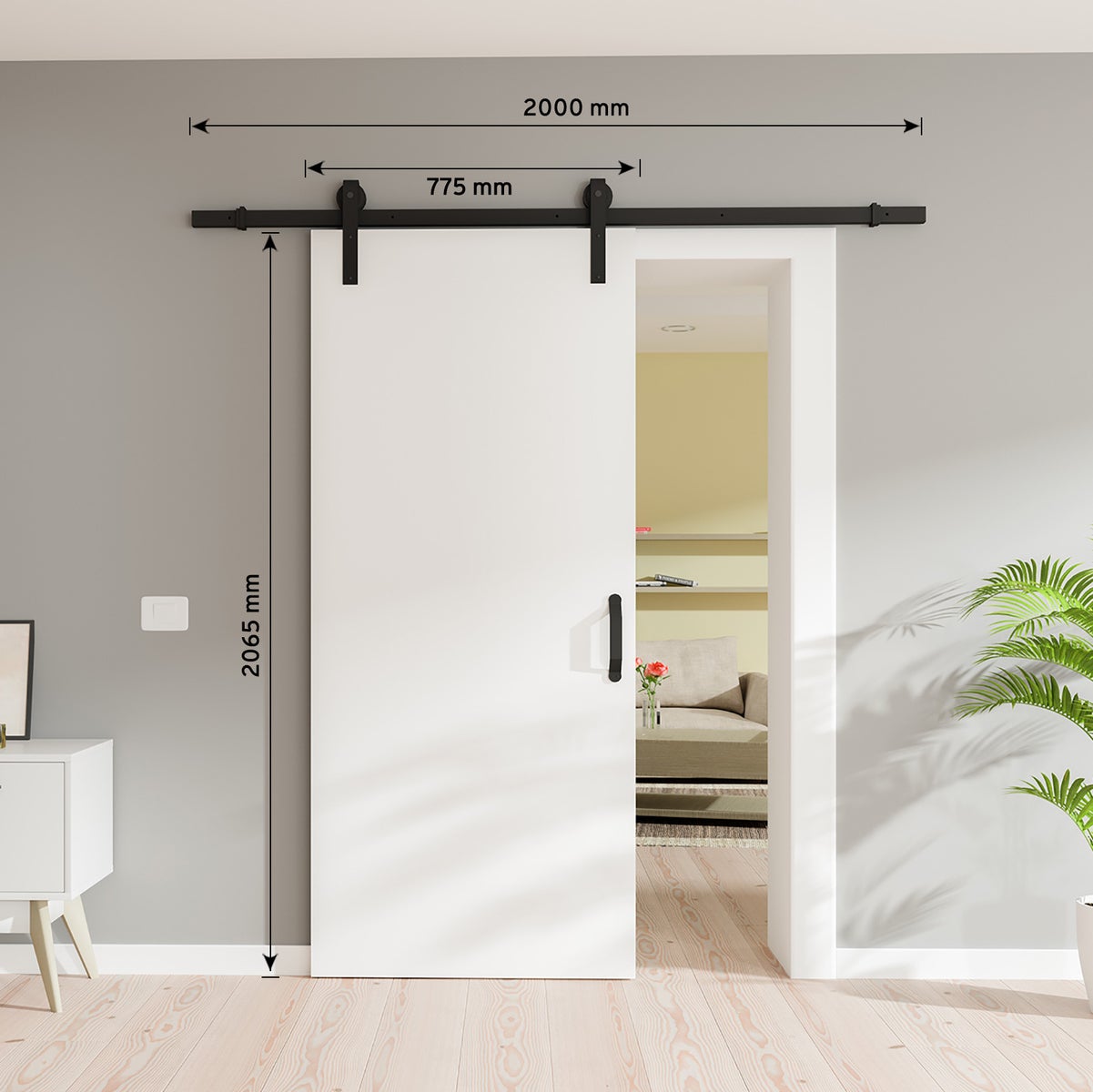Houten schuifdeur, wit; houten binnendeur, 775, open rail, zwart