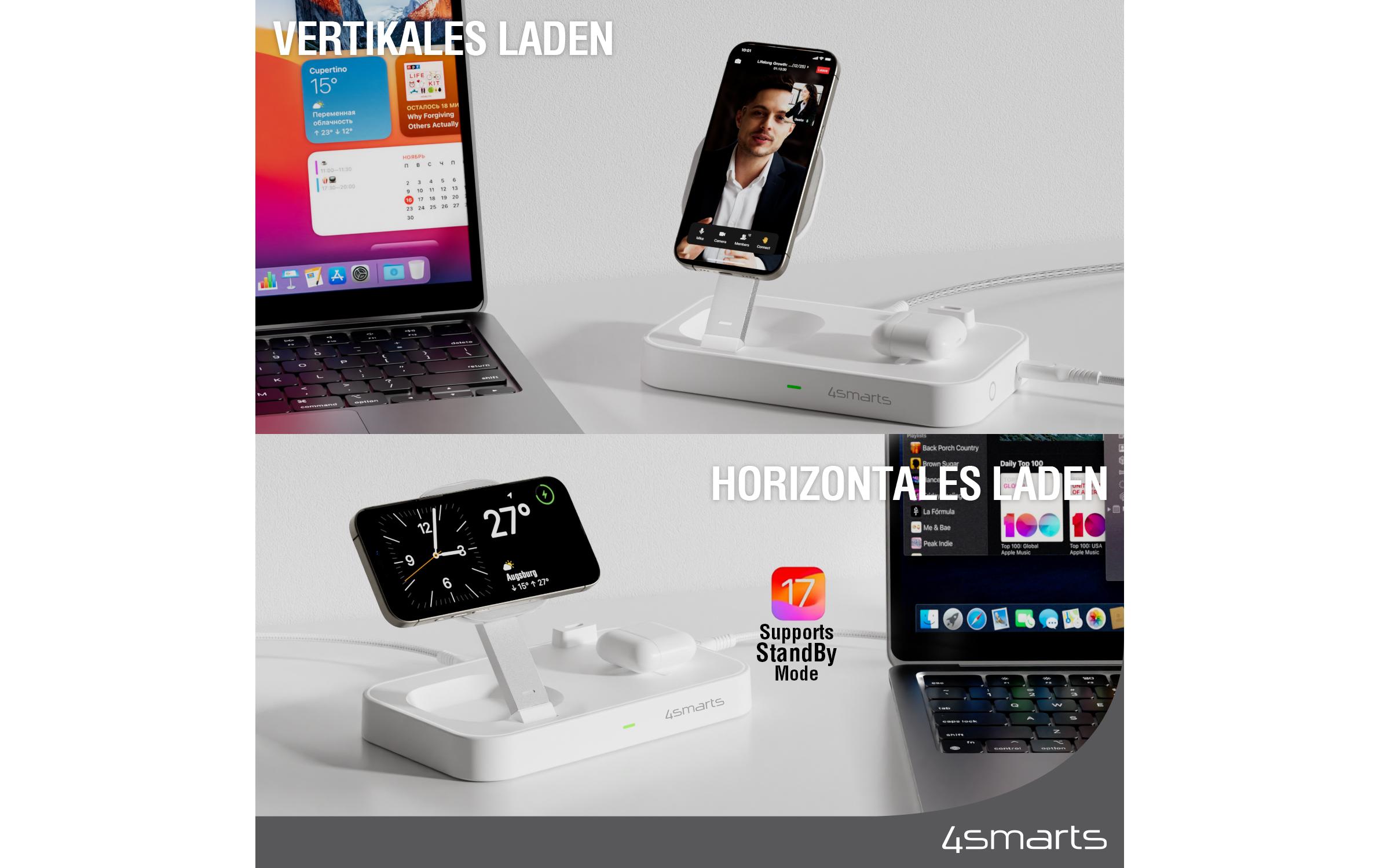 Wireless Charger Qi2 Weiss3-in-1 MagSafe-Ladestation mit inkludiertem Ladegerät