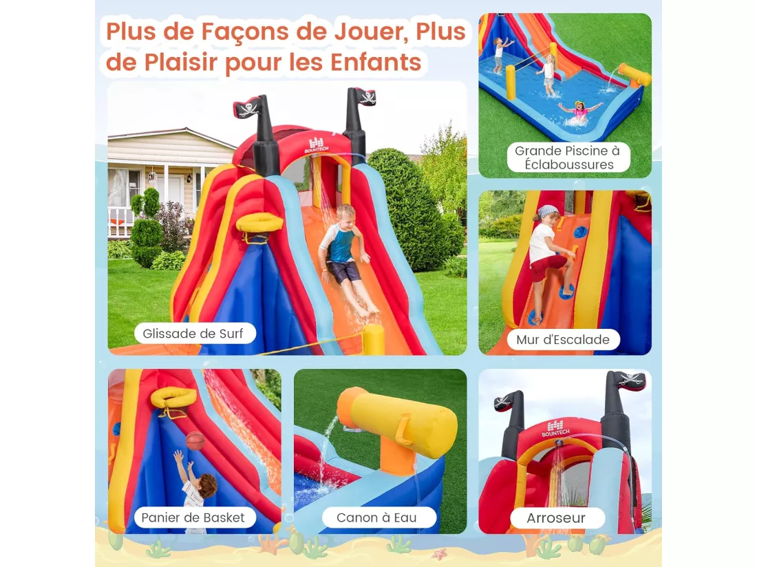 5 en 1 Château Gonflable sur Thème de Pirate avec Toboggan, Parc Aquatique avec Panier de Basket et Canon à Eau, Sac de Transport, Charge 90kg pour 2 Enfants de 3-10 Ans (sans souffleur)