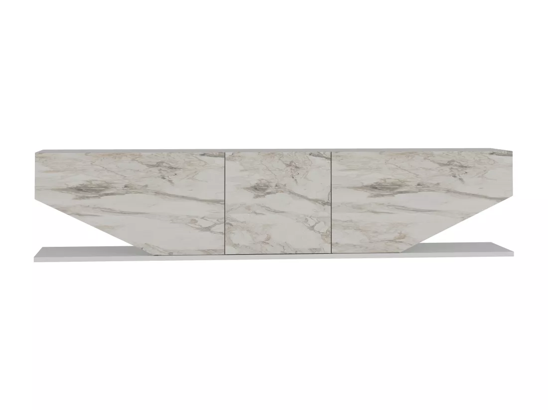 Meuble TV Pearl de 180 cm avec des armoires en style ailes (Blanc et Effet marbre blanc)