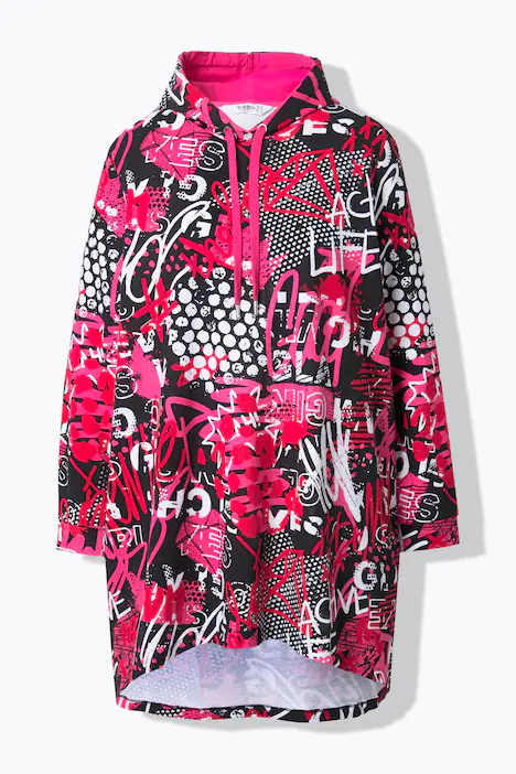 Long-Hoodie, A-Linie, Sweater, Patchprint, Kapuze, hibiskuspink