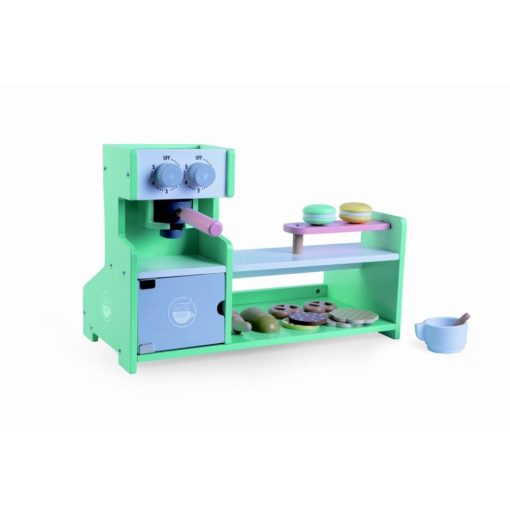 Moni Kinder Kaffee-Shop 4442 aus Holz Kaffeemaschine Theke Tasse Löffel Snacks grün