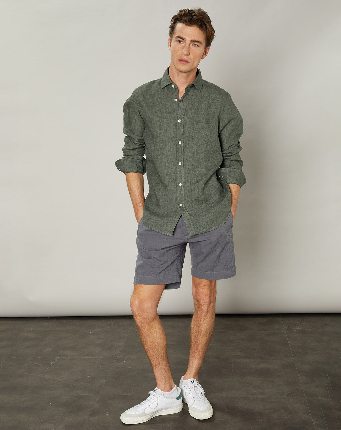 Hartford Chemise slim 100% Lin Storm army