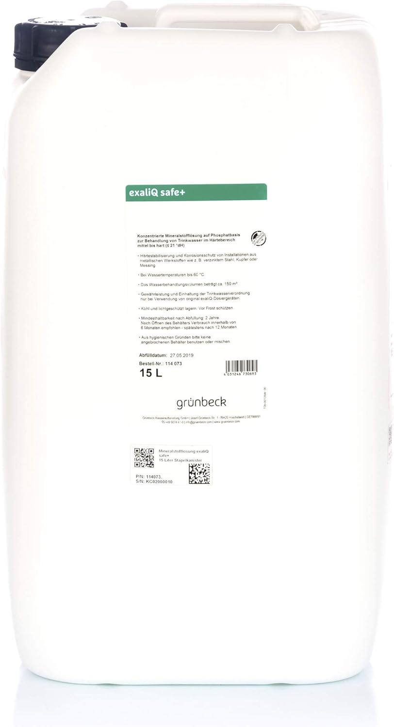 GRÜNBECK - Mineralstofflösung exaliQ safe+ | Korrosionsschutz ideal für Wässer im Bereich mittel bis hart (bis 21 °dH), Temperaturen bis 60 °C, Reichweite 150 m³ | Inhalt: 15 Liter