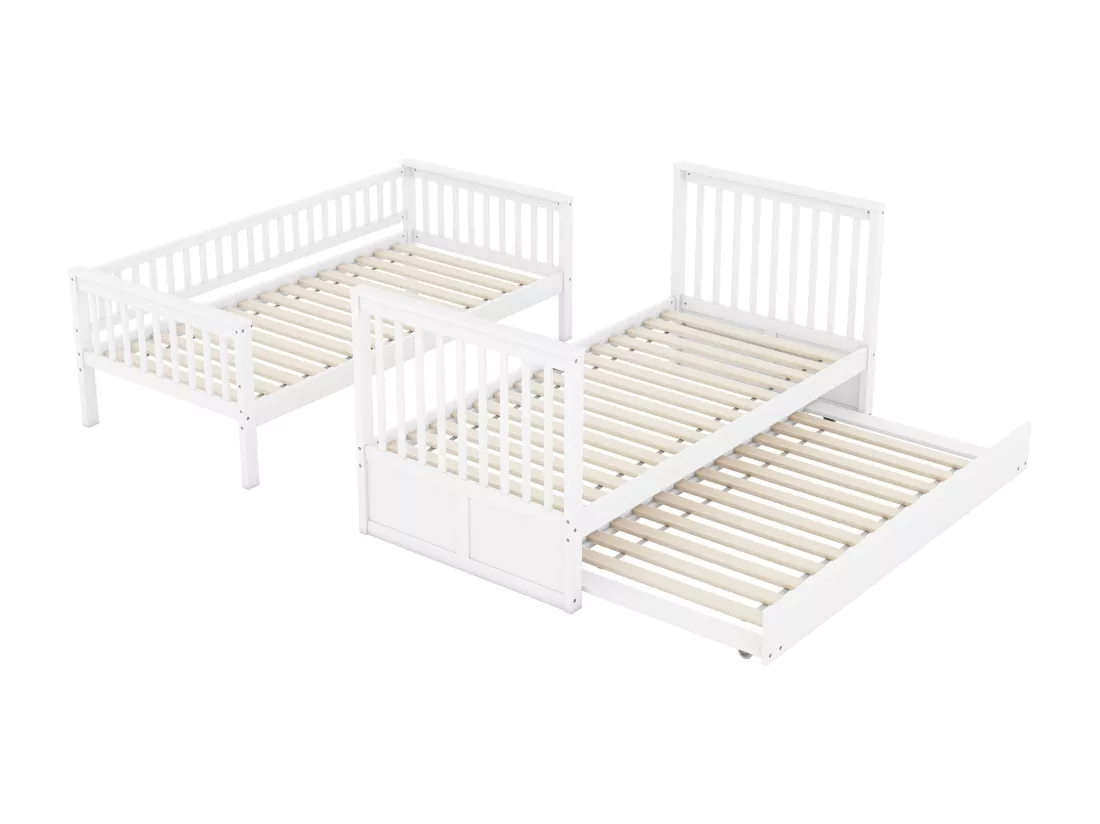 Lits superposés 2 x 90 x 200 cm + lit gigogne 90 x 190 cm - Bois MDF - Blanc - ANTHONY