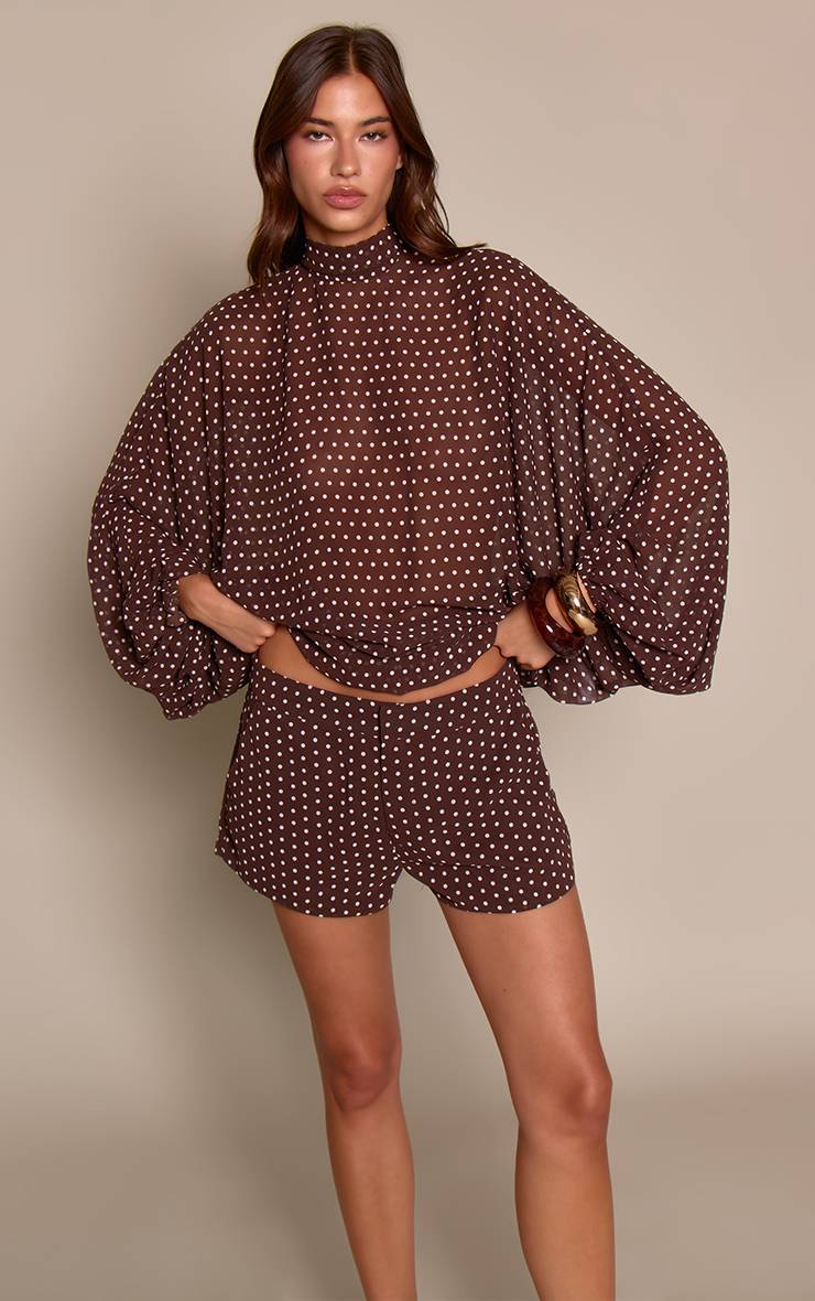 Marron Ensemble Coordonné Short Taille Haute En Mousseline À Pois