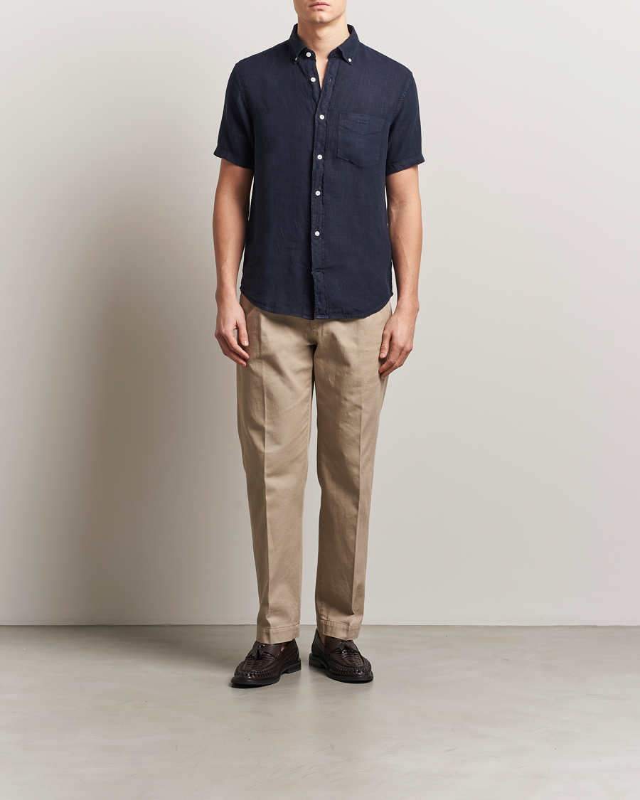 GANT Regular Fit Garment Dyed Short Sleeve Linen Shirt Evening Blue