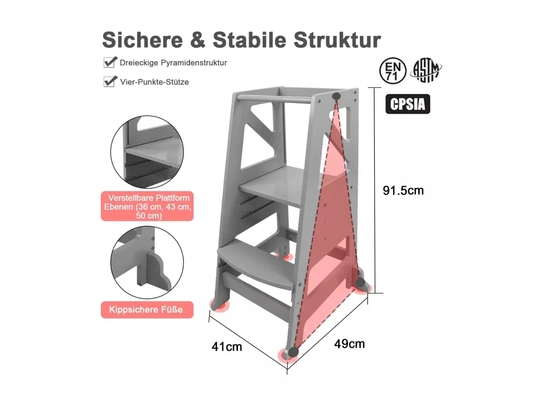 Tour d'apprentissage en Bois,Tour d'observation pour Enfants,Montessori Learning Tower,Réglable en hauteur Marchepied pour bébé avec Tableau Noir-Gris