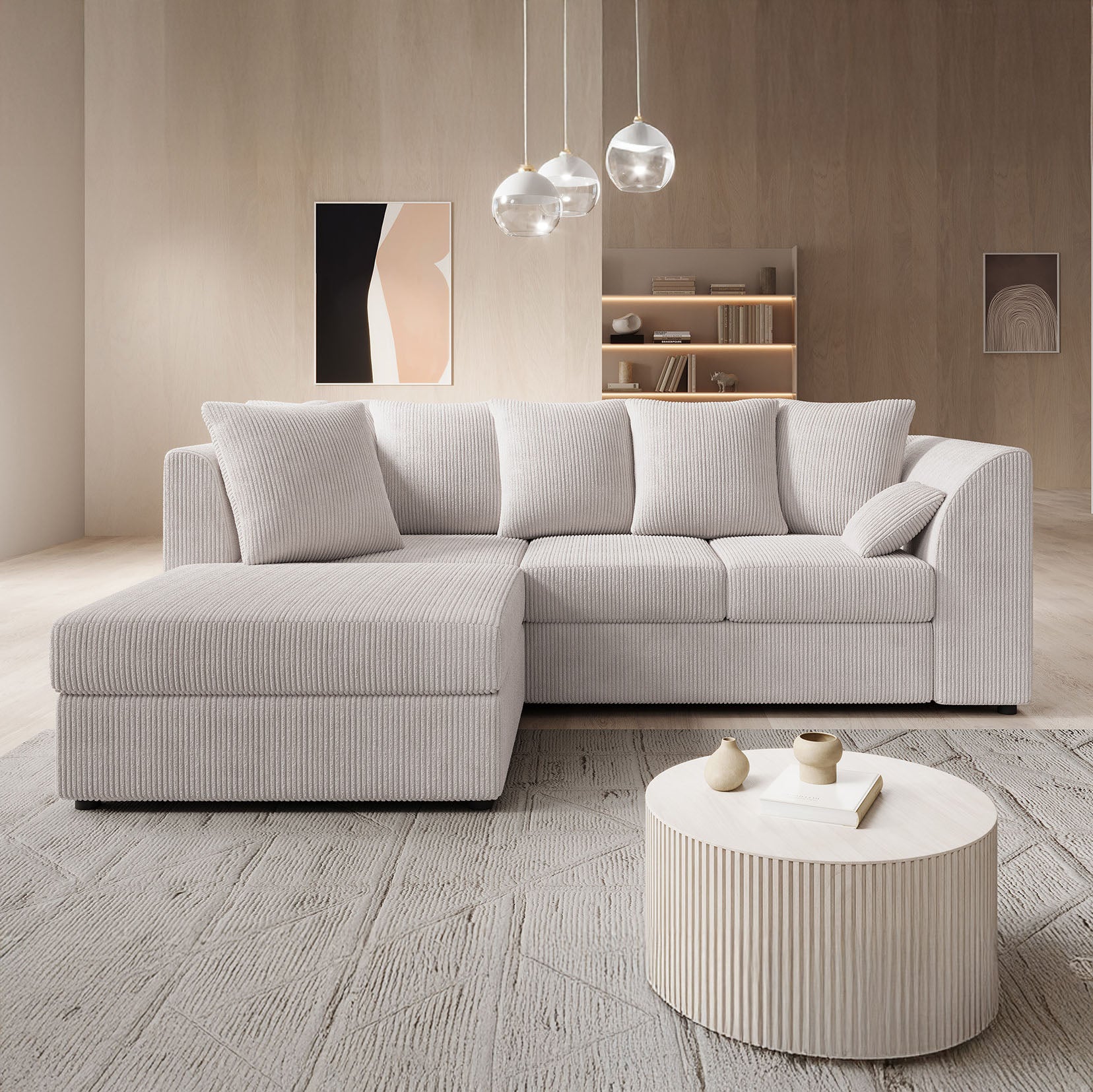 Alfort - Hoekbank 3-zits met chaise longue - Ribstof beige - Links