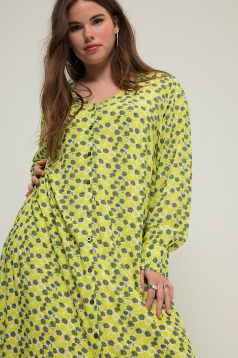 Maxikleid, A-Line, Allover-Print, V-Ausschnitt, Knopfleiste