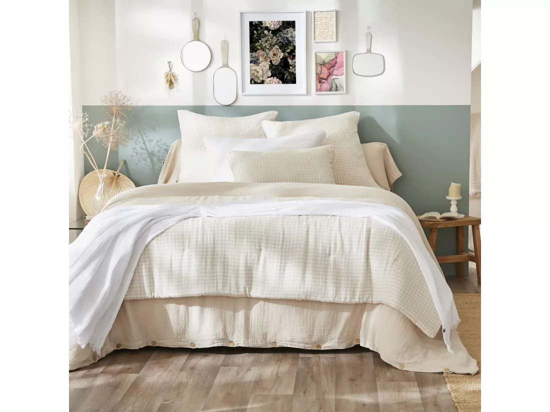 Taie d'oreiller gaze de coton imprimé vichy 50x70 Naturel