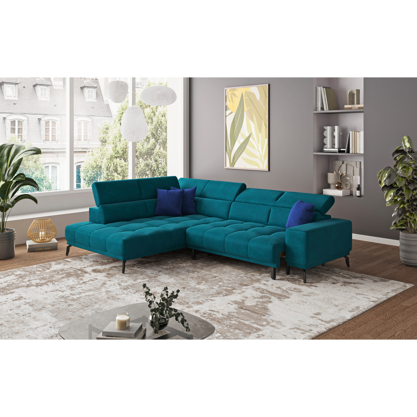 Ecksofa Jamba Stoff petrol, Ottomane links