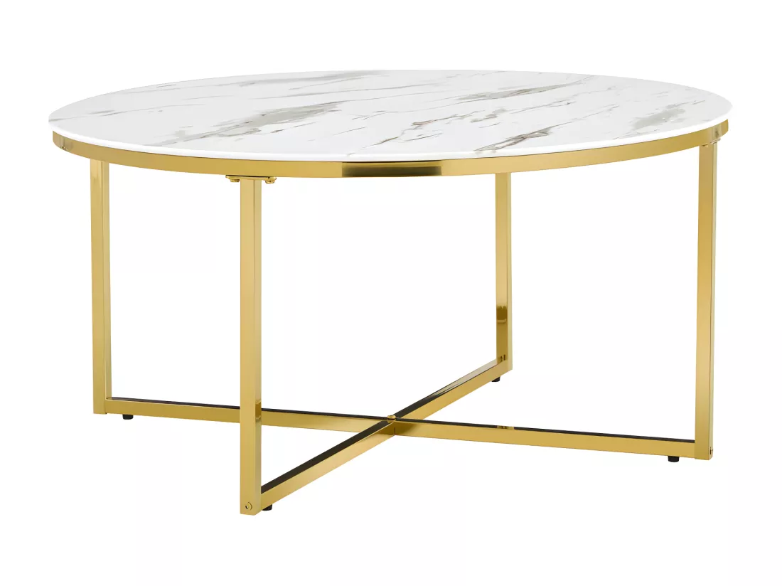Table basse ronde lorie gold plateau en verre marbré blanc d90 cm