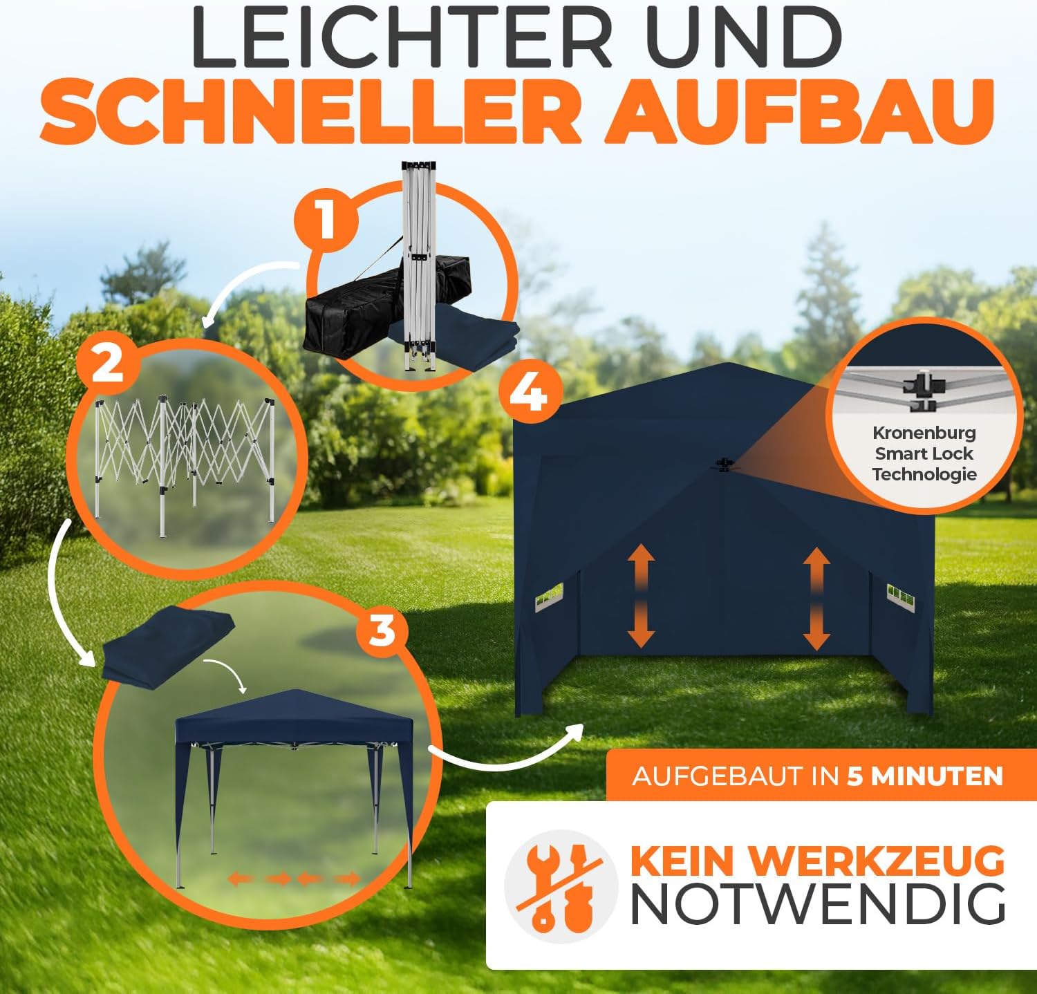 Kronenburg Faltpavillon wasserdicht Dachmaß 2 x 2 m UV Schutz 50+ Pavillon in Blau mit 4 Seitenteilen